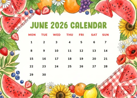 Июнь 2026 года, месячный календарь с арбузами, цитрусовыми фруктами и элементами летнего пикника