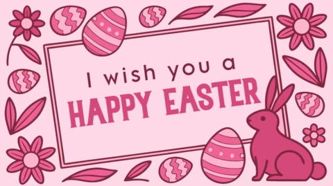 Diseño de plantilla de Pascua de color rosa con huevos y elementos de conejo