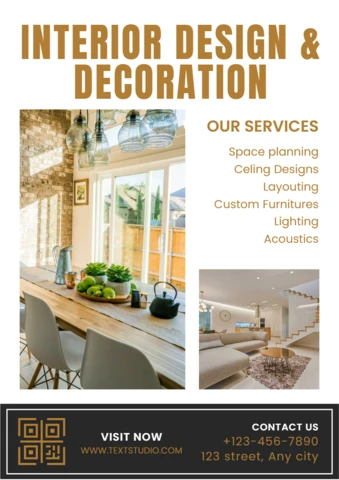 Modern Interior Design Template for Service Brochure Featuring Elegant Furnishings and Lighting