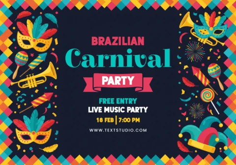 Brazilian Carnival Party Poster Dark Background with Diamond Border, Masks, Trumpets, and Festive Decorations
