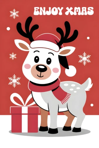 Disfruta de la tarjeta de saludo navideño de Navidad con un reno de dibujos animados con un regalo sobre un fondo rojo nevado con alegría festiva.