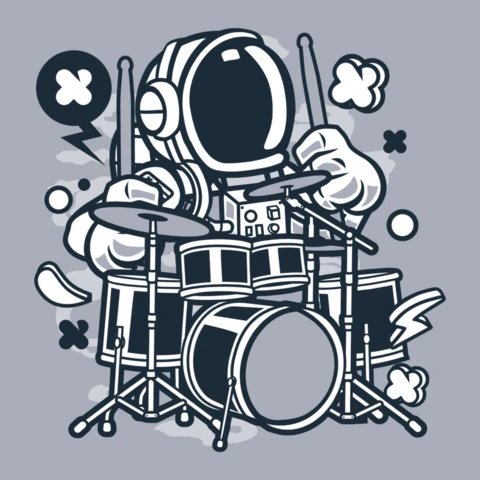 Astronaut Drummer Cartoon Character Poster Design Template