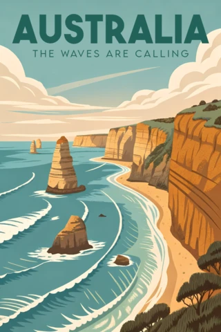 Template de design costeiro vintage da Austrália para cartazes de viagem