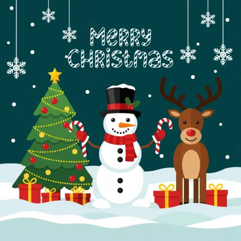 Plantilla de diseño de cartel de saludo navideño con Santa, muñeco de nieve y renos con bastones de caramelo y árbol decorado en un bosque nevado.