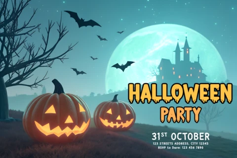 Spooky Halloween Party Invitation Template with Pumpkins and Bats Design
