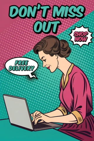 Template promotionnel de pop art avec une femme utilisant un ordinateur portable pour faire des achats en ligne.