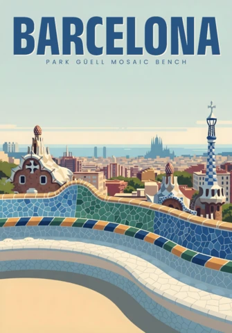 Park Güell Mosaic Bench, Whimsical Rooftops & Sagrada View Barcelona Travel Posters Design Template