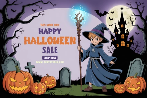 Design del template per la vendita di Halloween di manga spaventosi con mago e zucche per volantini promozionali