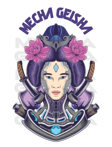 Mecha Geisha Futuristic Cyber-Geisha with Floral Accents and Crossed Katana T-Shirt Design Template