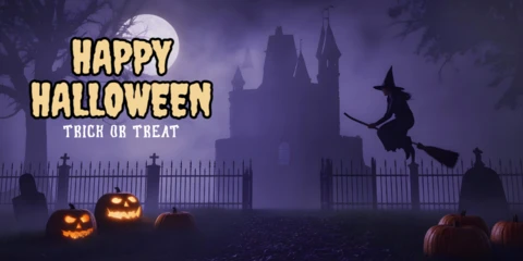 Mutlu cadılar bayramı jack-o'-lanternlar, sisli mezarlık ve cadı silueti youtube kapak tasarımı şablonu