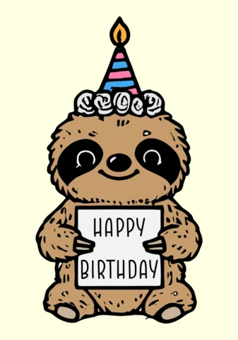 Simpática plantilla de tarjeta de cumpleaños de un perezoso con sombrero festivo y felicitación
