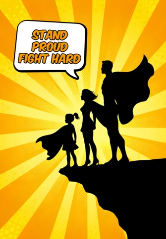 Stai orgoglioso trio di supereroi su una scogliera con sfondo giallo radioso modello di design per poster