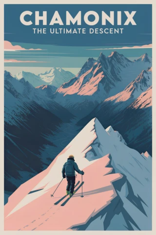 Chamonix Adventure Poster Design Template with Skiing Graphic Style