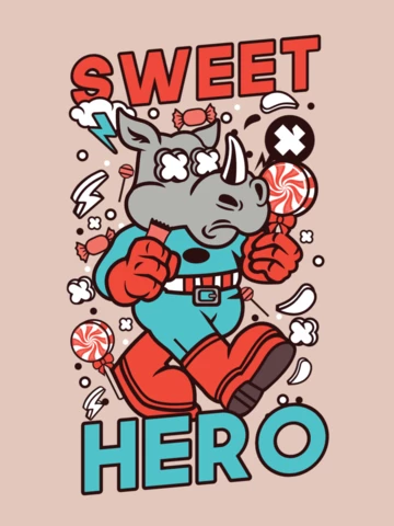 Sweet Hero Rhino Cartoon T-Shirt Design Template