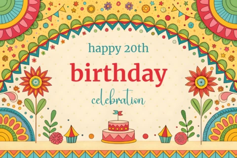 Plantilla de diseño de celebración de cumpleaños vibrante inspirada en boho para el 20 cumpleaños.