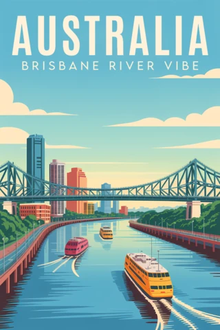 Plantilla de diseño retro de la vibra del río Brisbane para cartel de viaje
