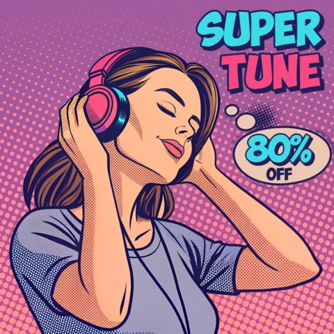 Template de pop art de jovem mulher para post de publicidade de loja de música