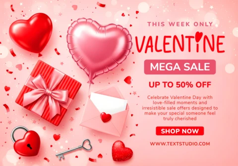 Valentine's Day Sale Design Template with Heart Balloons and Gift Boxes for Promotional Flyers