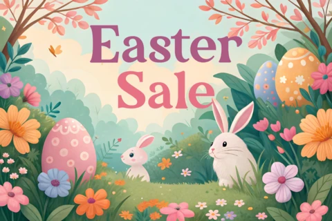 Whimsical Easter Sale Design Template with Bunnies and Floral Elements