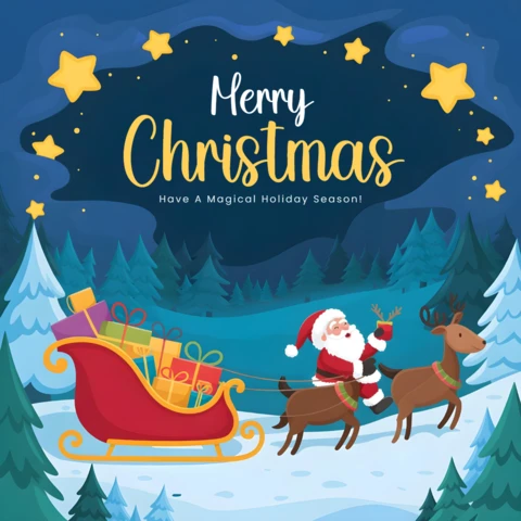 Póster de temporada navideña con Santa y renos en una escena de bosque nevado con estrellas y diseño de mensaje navideño mágico.