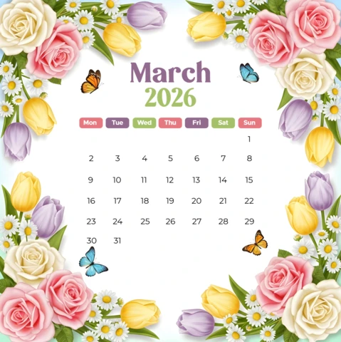 March 2026 Decorative Calendar Poster with Roses, Tulips, Daisies, and Butterflies