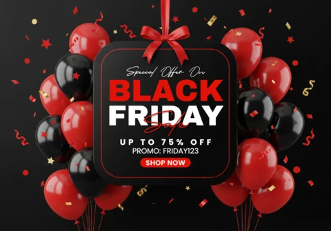 Festive Black Friday Sale Design Celebration Layout with Confetti and Central Offer Sign Template for Promotional Flyers