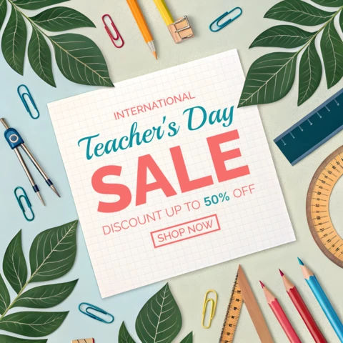 Teacher's Day Sale Design Template with Stationery and Leaves