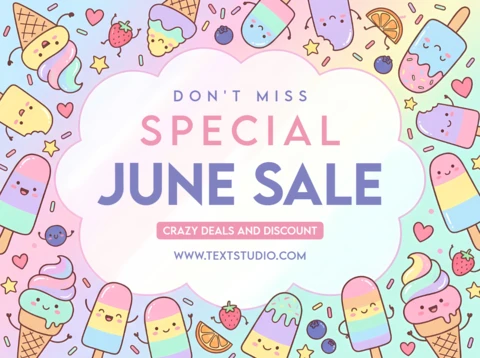 June Sale Promotional Banner with Cute Kawaii Ice Cream and Dessert Illustrations