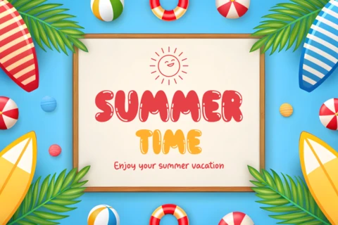Summer Time Fun Design Template with Surfboards and Swimming Pool Elements