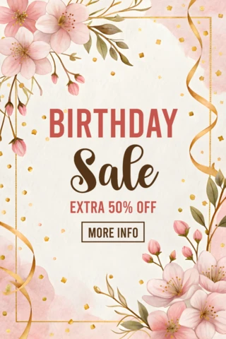 Floral Birthday Sale Template Design with Gold Accents - Editable Promotion