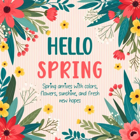 Floral Spring Greeting Card Design Template with Colorful Flowers and Sunshine