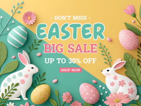 Colorful Easter Sale Design Template with 3D Bunnies and Floral Elements