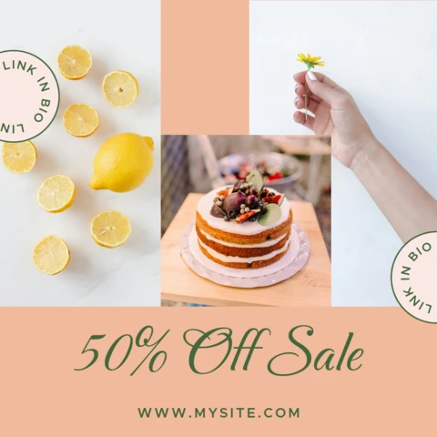 Modèle de conception de post instagram jaune pastel et rose 50 pour cent de réduction sur les soldes