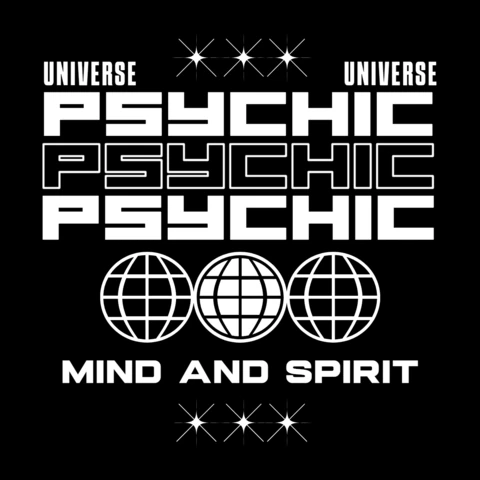 Psychic Mind & Spirit Cosmic Typography with Grid Globes & Star Symbols T-Shirt Design Template
