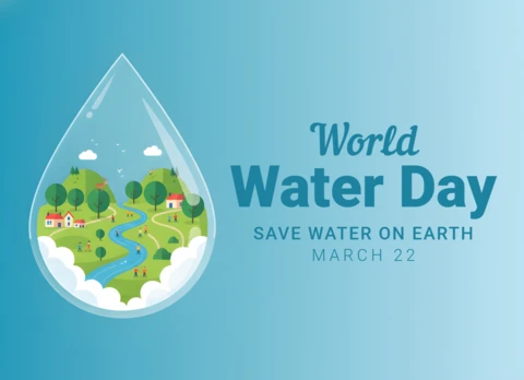 Póster decorativo del día mundial del agua con tema de río, árboles y comunidad.