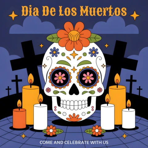 Colorful Dia De Los Muertos Skull Design Template for Celebration Flyers