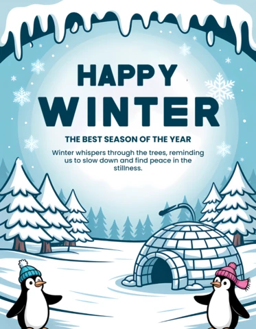 Winter Wonderland Design Template with Penguins for Greeting Cards