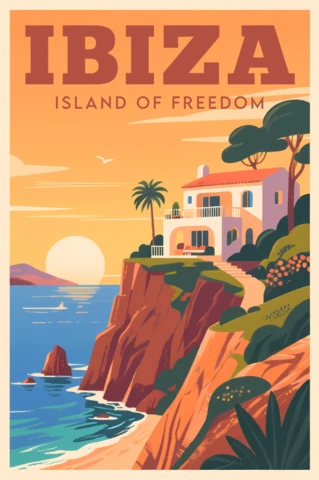 Retro Flat Ibiza Landscape Design Template for Travel Posters