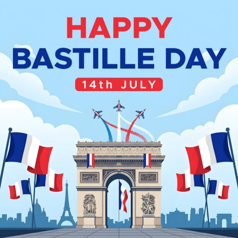 Bastille Day Greeting Card with Arc De Triomphe, French Flags and Patriotic Celebration Elements