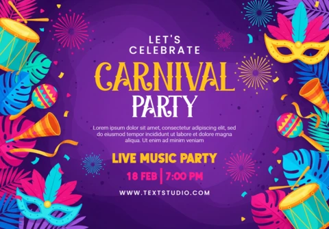Purple Gradient Background with Feathered Mask, Balloons, and Festive Decorations Carnival Party Poster