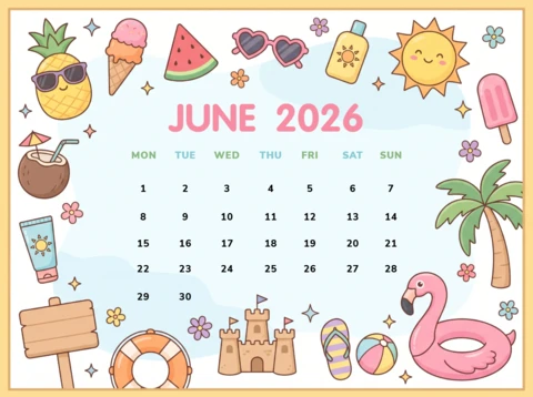 Яркий календарь июня 2026 года с изображениями кусочка арбуза, эскимо, кокосового напитка и пляжного мяча.
