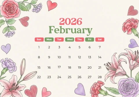 Calendar Poster February 2026 Pastel Valentine Bloom Edition with Elegant Script and Botanical Accents