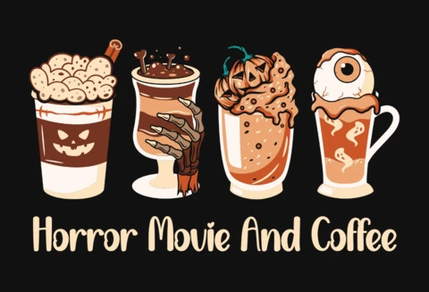 Horror Movie And Coffee Halloween T-Shirt Design Template