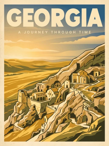 Wintage retro georgia przygodowy plakat malowniczy górski krajobraz starożytna architektura klifów historyczne forty wschód słońca zachód słońca dekoracja ścienna