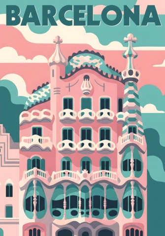 Иллюстрация Casa Batlló с мозаичным фасадом и органическими формами, дизайн шаблона туристических постеров Барселоны.