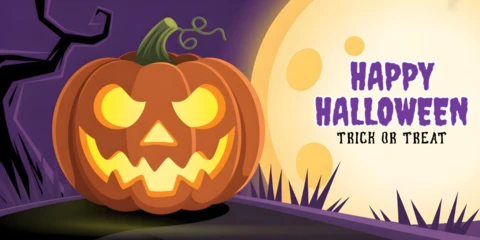 Frohes Halloween Trick or Treat Nachricht mit unheimlichem lila Himmel und leuchtenden Augen Facebook Cover Design Vorlage