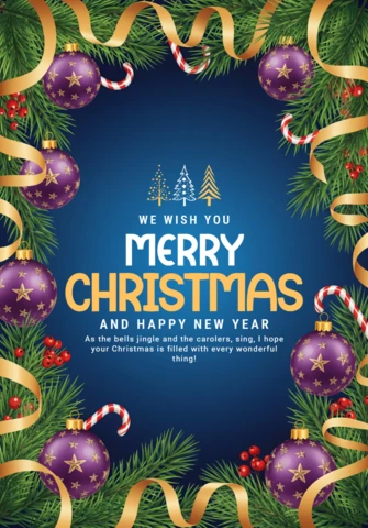 Mavi gradyan arka plana, çam çelengi, mor süslemeler ve altın kurdele vurguları ile Noel tebrik kartı