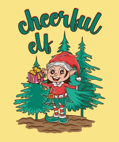 Cheerful Elf Gift Delivery Holiday Helper with Present, Pines & Pep T-Shirt Design Template