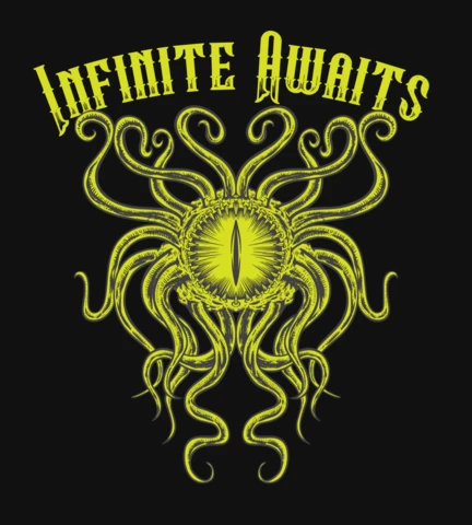 Modèle de design graphique audacieux : 'l'infini attend' avec illustration de créature mythique