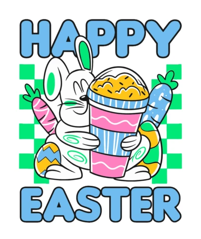 Feliz diseño de camiseta de taza de palomitas de conejo de Pascua, huevos coloridos y bocadillo de zanahoria